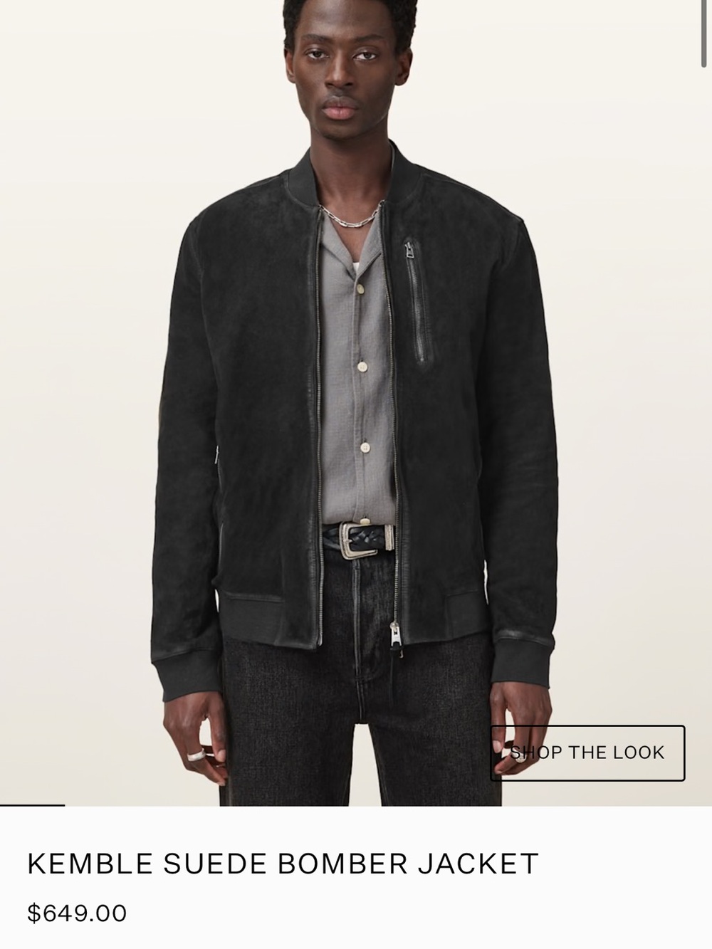AllSaints Black Suede Bomber Jacket dark grey